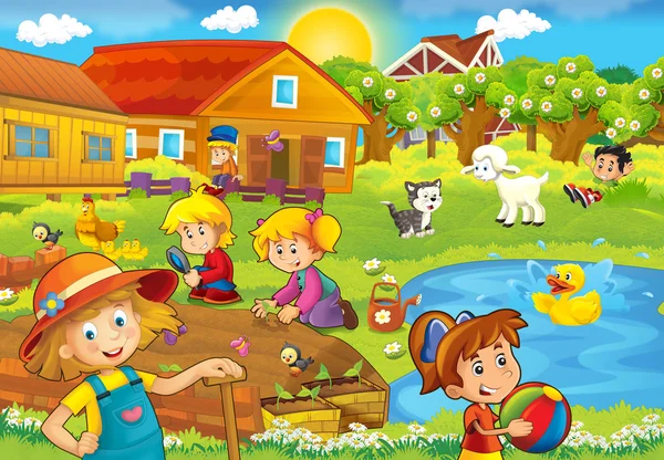 Cena de fazenda de desenhos animados com crianças — Fotografia de Stock