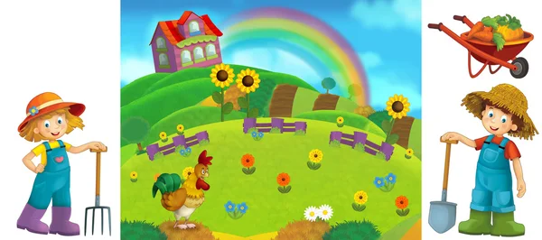 Cartoon farm scene with isolated elements for individual composition — Stock Photo, Image