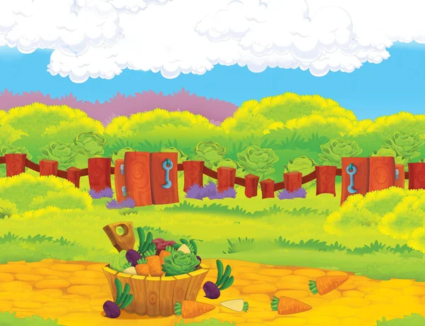 Cartoon farm scene with wooden house