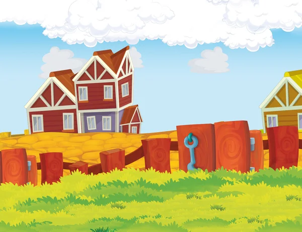 Cartoon farm scene with wooden house — Stock Photo, Image