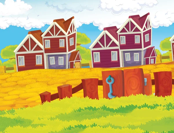 Dibujos animados granja escena con casa de madera —  Fotos de Stock