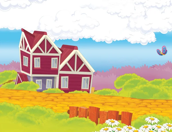Cartoni animati scena fattoria con casa in legno — Foto Stock