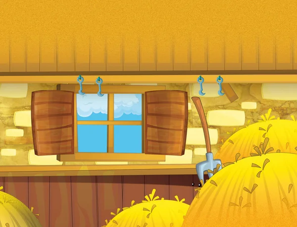 Cartoni animati scena fattoria con interno fienile in legno — Foto Stock