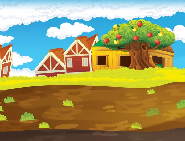 Cena de fazenda de desenhos animados com casa de madeira — Fotografia de Stock