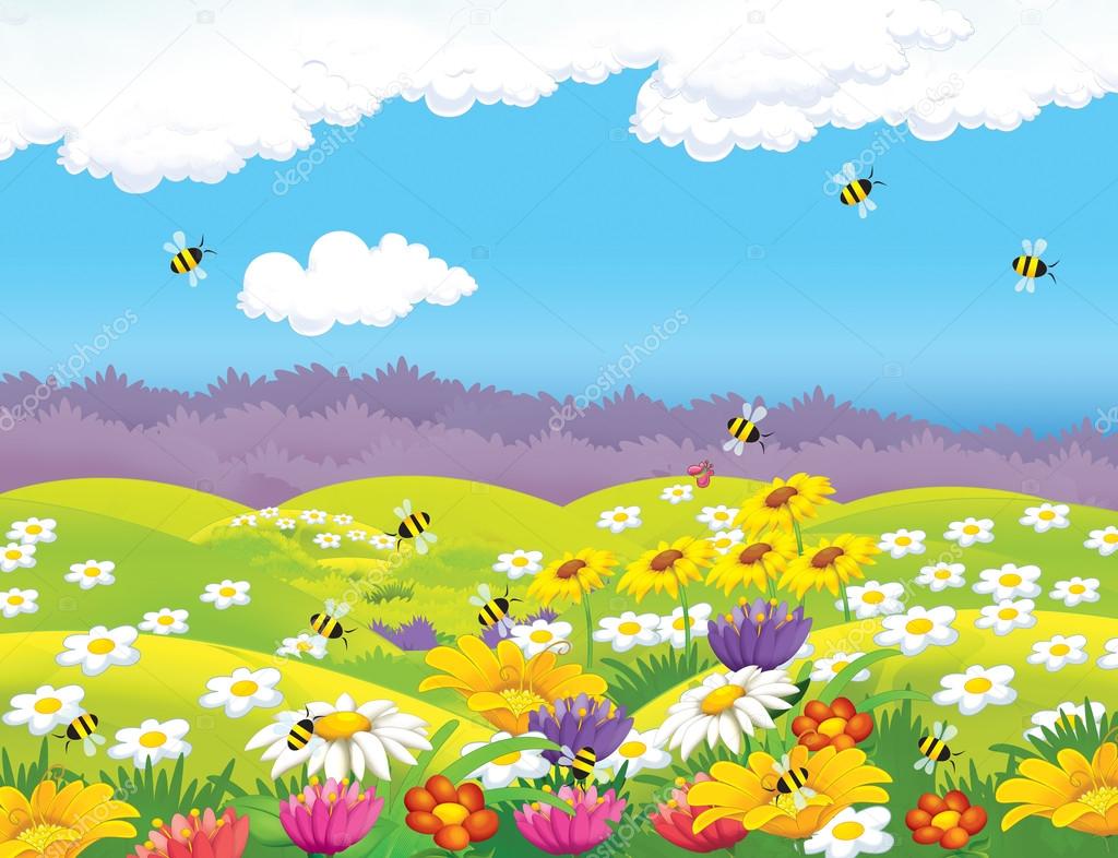 Happy cartoon  meadow scene  Stock Photo  illustrator hft 