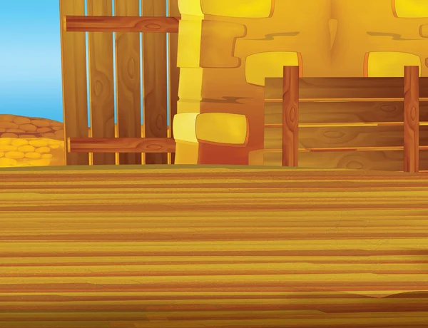 Cartoon farm scene with wooden barn interior — Stock Photo, Image
