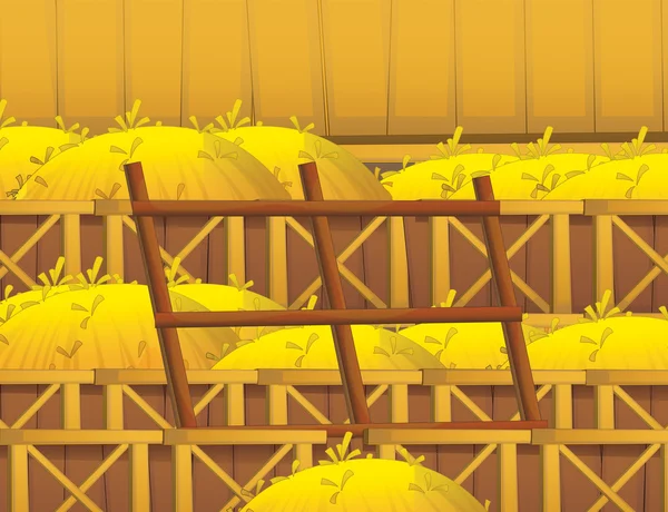 Cartoni animati scena fattoria con interno fienile in legno — Foto Stock