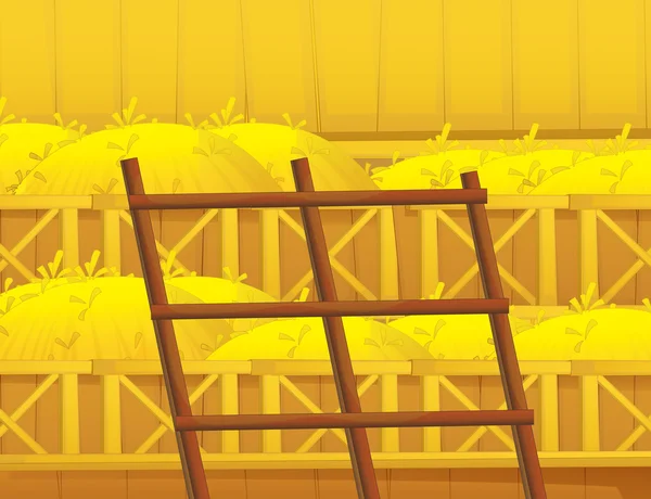 Cartoon farm scene with wooden barn interior — Stock Photo, Image