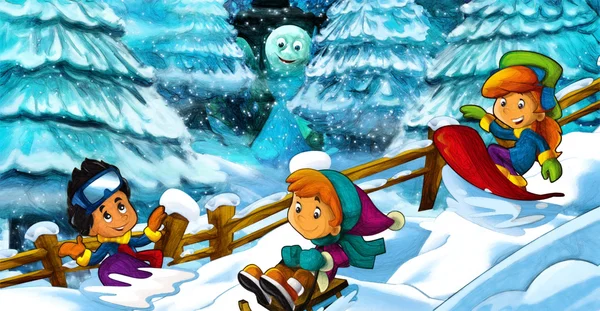 Cartone animato scena invernale con i bambini — Foto Stock