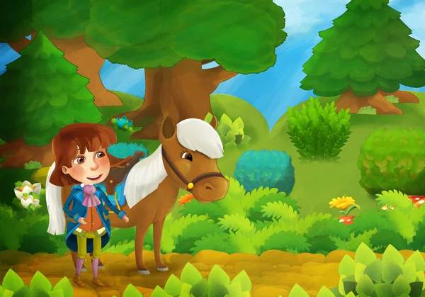 Bosque de dibujos animados escena con el príncipe y su caballo —  Fotos de Stock