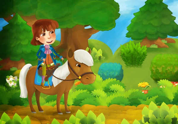 Cartoon scena foresta con il principe e il suo cavallo — Foto Stock