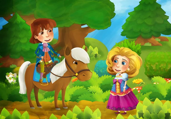 Cartoon scène de forêt avec prince princesse et son cheval — Photo