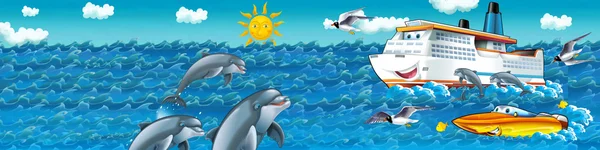 Kreslené scény se zvířaty a lodí na moři — Stock fotografie