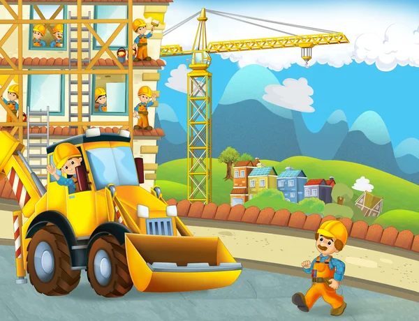 Scena di cartoni animati con operai edili — Foto Stock