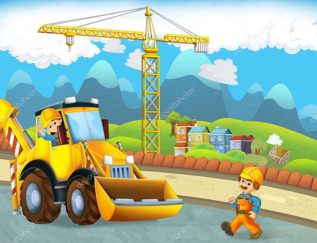 Cartoon scene with construction workers