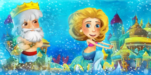 Cartoon ocean och sjöjungfrun med sin far kungen — Stockfoto