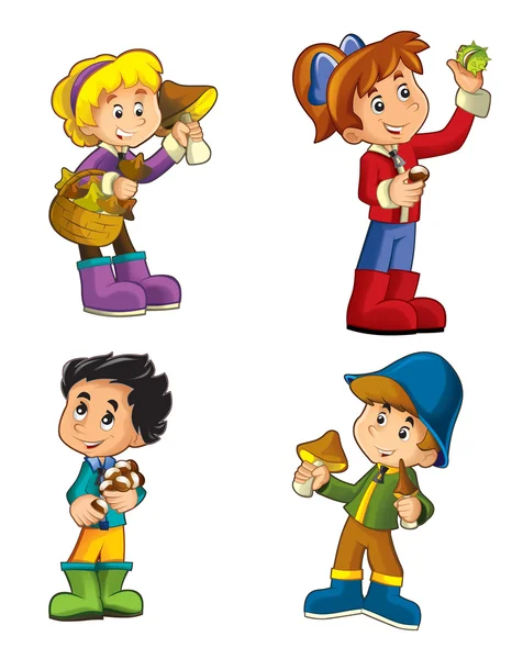 Cartoon children with mushrooms and chestnuts - isolated — Stock Photo, Image