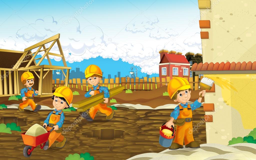 Cartoon construction site - with working men