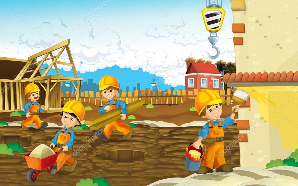 Cartoon construction site - with working men