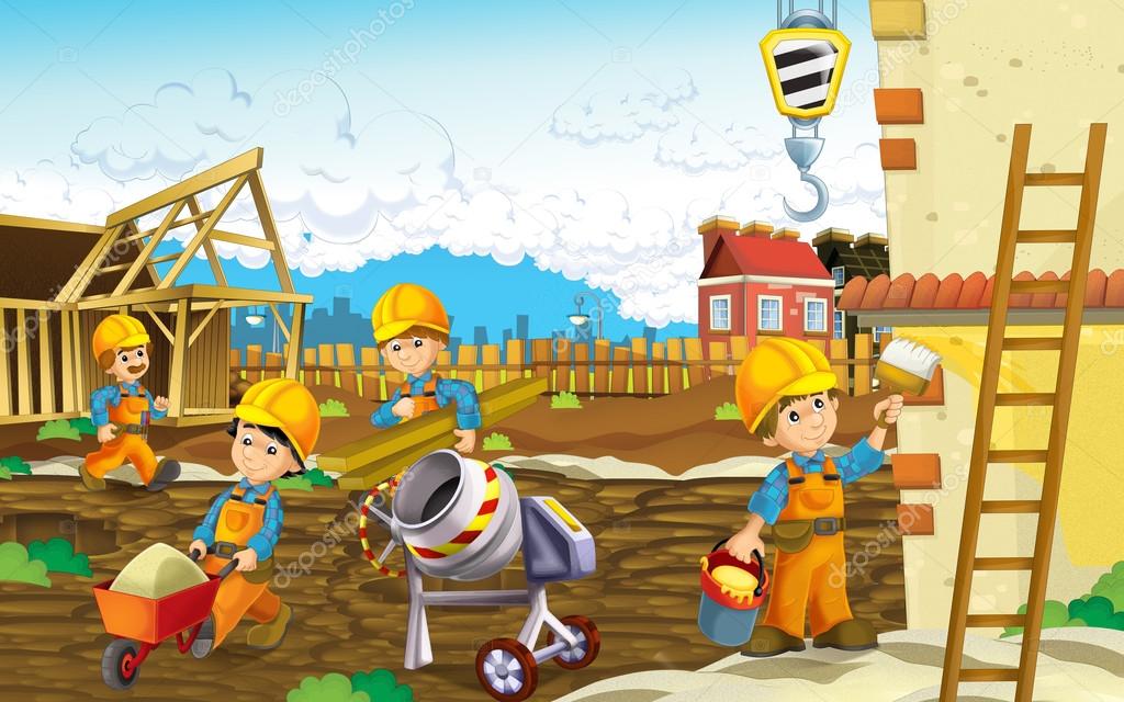 Cartoon construction site - with working men
