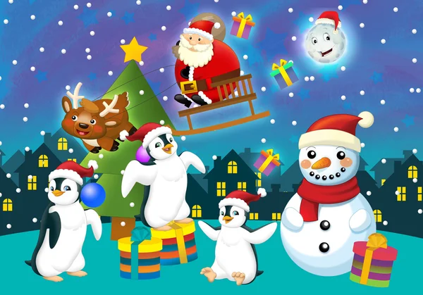 Karácsonyi illusztráció: Mikulás és különböző állatok — Stock Fotó