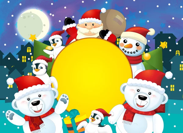 Kerstmis gelukkig scène met verschillende dieren en santa — Stockfoto