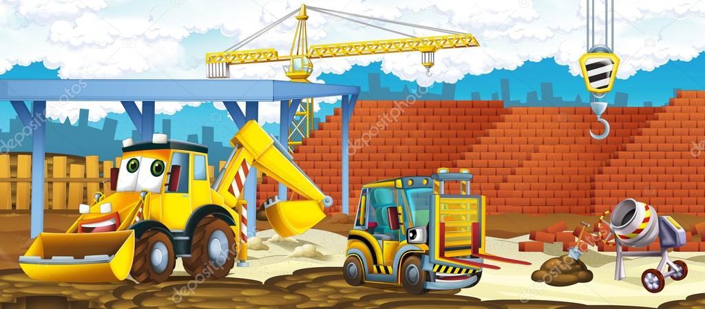 Cartoon truck excavator and forklift