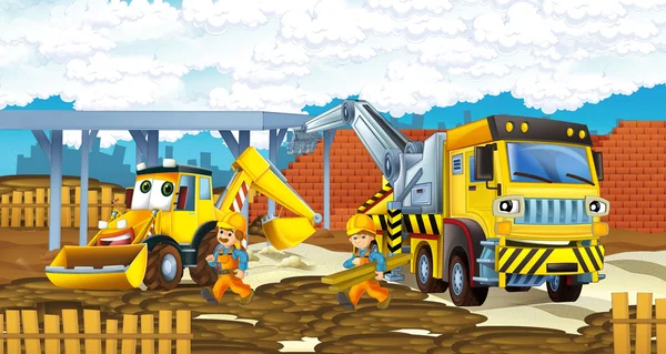 Cartoon truck and excavator - vehicles and workers — Stock Photo, Image