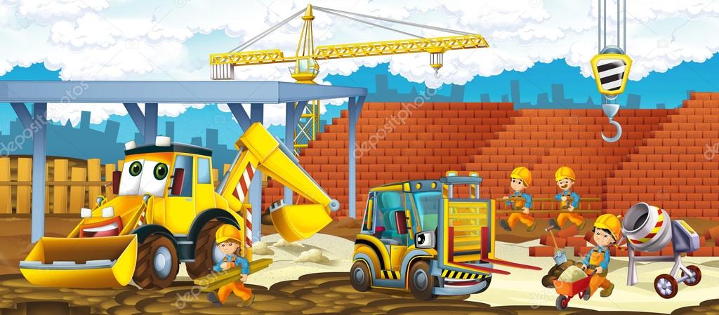 Cartoon forklift and excavator - vehicles and workers