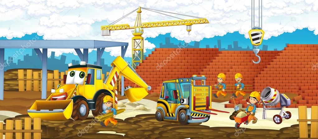 Cartoon truck and excavator - vehicles and workers