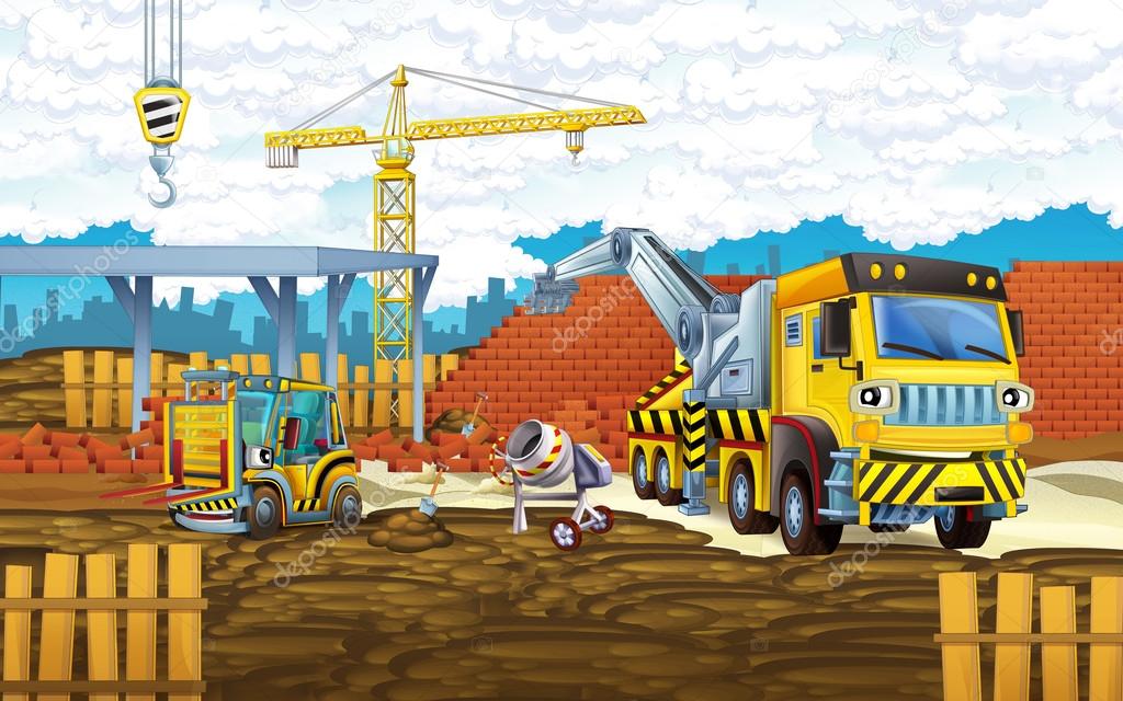 Cartoon truck and excavator on the construction site