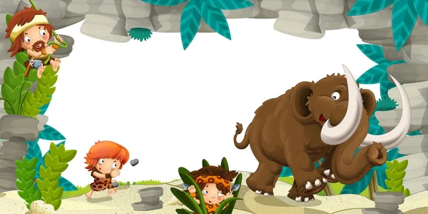 Happy cartoon prehistoric scene with cavemen and mammoth — Stock Photo, Image