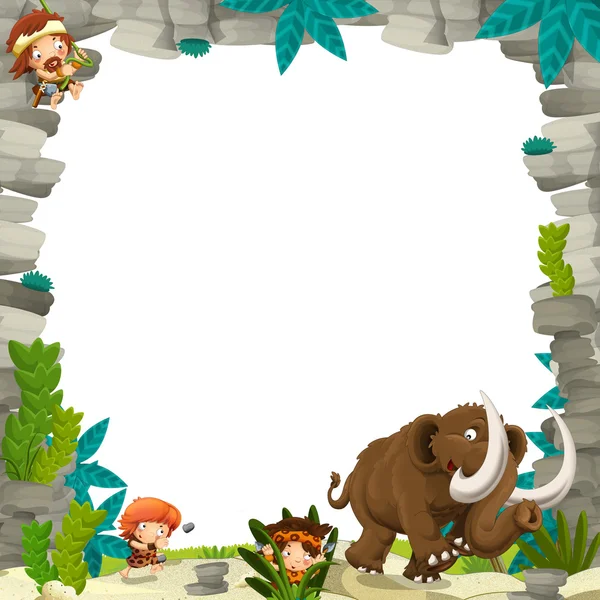 Happy cartoon prehistoric scene with cavemen and mammoth — Stock Photo, Image