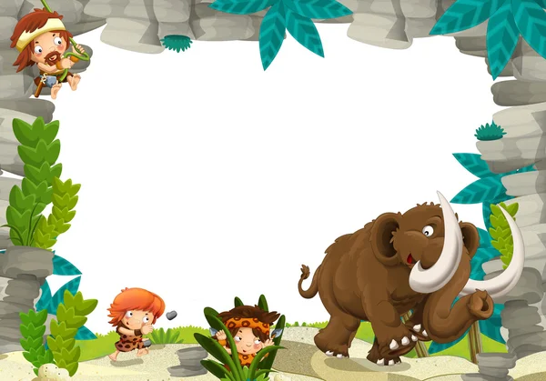 Happy cartoon prehistoric scene with cavemen and mammoth — Stock Photo, Image