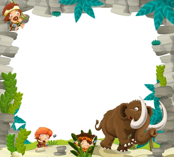 Happy Cartoon prähistorische Szene mit Höhlenmenschen und Mammut — Stockfoto