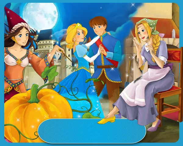 Scene with poor girl and princess sorceress and with royal pair — Stock Photo, Image