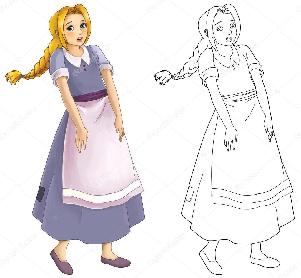 Cartoon girl in old clothes - coloring page