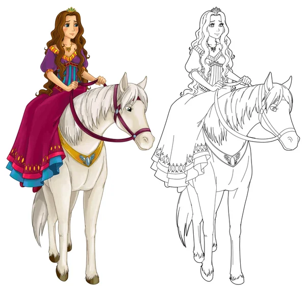 Dessin animé femme médiévale sur un cheval — Photo