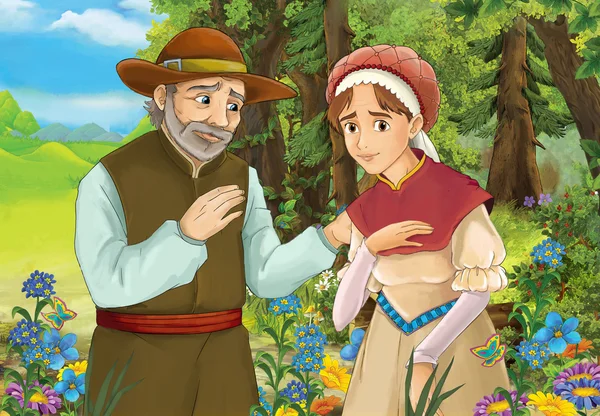 卡通复古森林场景与对幸福的夫妻 — 图库照片
