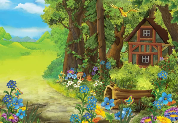 Ormandaki eski ev ile çizgi film doğa manzara — Stok fotoğraf