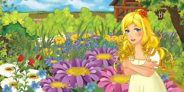 Dibujos animados granja escena con poco elfo chica en flores — Foto de Stock