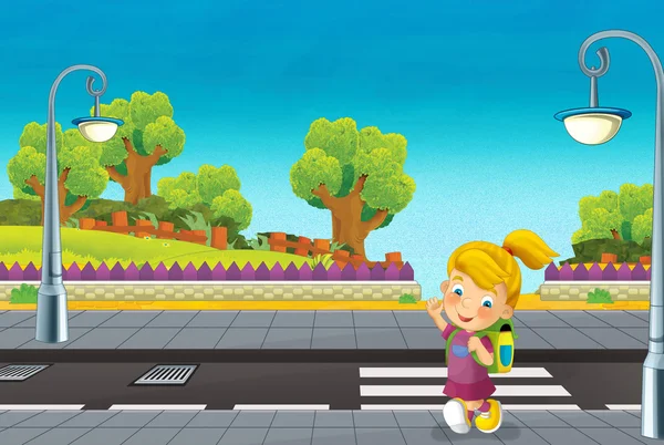 Cartoon scene with child walking on the street — Stock Photo, Image