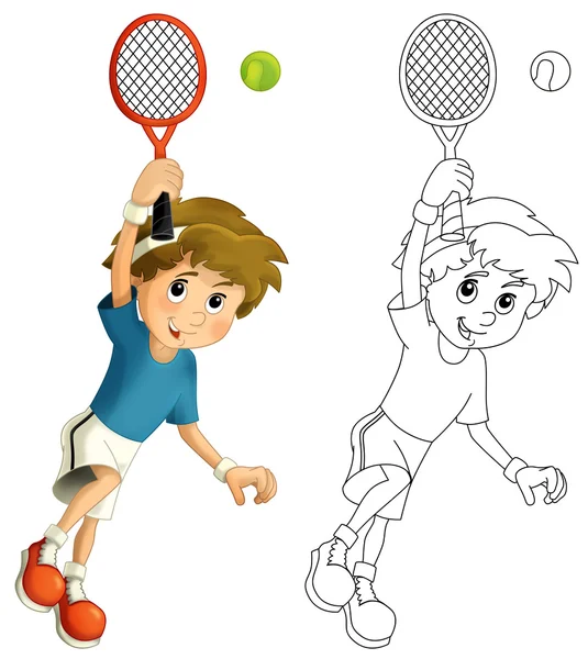 Kid spelar tennis - hoppning med tennisracket — Stockfoto