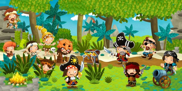 Cartoon illustration - pirates on the wild island