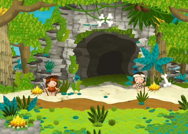 Cavemen near the cave - guards — Stock Photo, Image