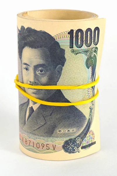 Pakiet Japońskich 1000 Jenów Banknotów Stoi Białym Papierowym Tle Banknoty — Zdjęcie stockowe