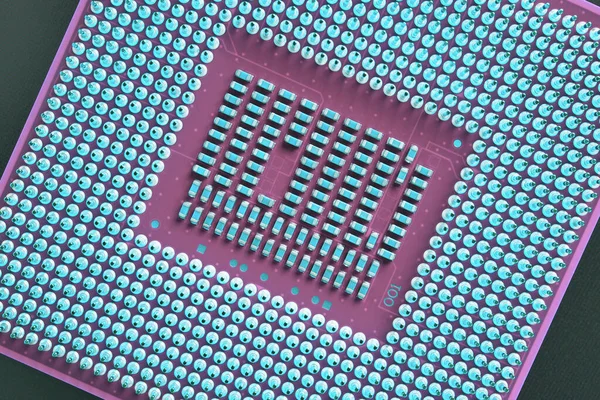 Computer processor close up. Light blue and pink tinted background or backdrop. Wallpaper on the theme of information technology. A pattern of contacts and semiconductors of a microprocessor. Macro