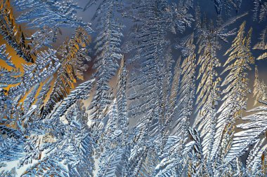 Fantezi buz kristali arka planı. Turuncu yansımalı mavi kış duvar kağıdı. Pencere camına buz çiziyorum. Sihirli fantastik bitkilerin yaprak ve gövdeleri. Soyut mistik arkaplan