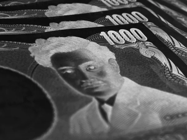 Ezer Jen Japán Bankjegy Mező Koncentrálj 1000 Esre Egy Halom — Stock Fotó