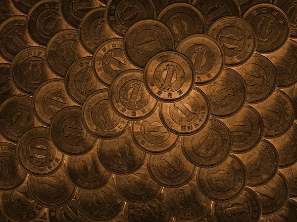 Dark background on the theme of Japan\'s economy and finance. Top view of surface of Japanese 1 yen coins. Dramatic brown inverted backdrop or wallpaper. Shabby coins from circulation close-up. Macro